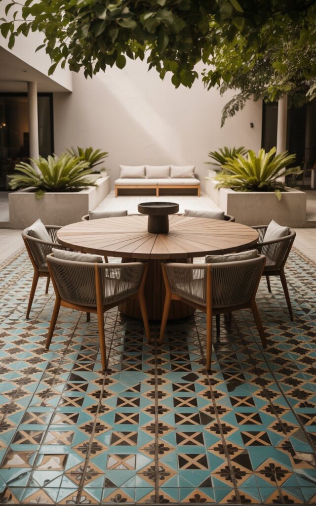 A photograph of a mid-century modern patio featuring a striking dining area centered around a circular wooden table. Beneath the table lies a vibrant installation of Moroccan tiles, showcasing bold geometric patterns in shades of turquoise, saffron, and terracotta, drawing the eye downwards. Sleek wooden patio chairs encircle the table, while in the background, a minimalist lounge area with low planters filled with sculptural ferns provides a tranquil contrast. Soft, dappled sunlight filters through overhead foliage, casting gentle shadows and highlighting the interplay of textures and colors.