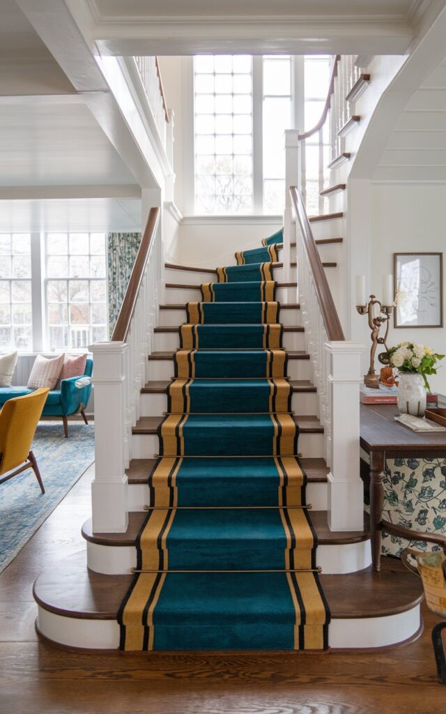 A photo of a mid-century modern and shabby chic style living room with a staircase. The staircase has a bold runner with contrasting borders in rich jewel tones, such as deep teal or mustard, and crisp white or black edging. The runner highlights each step. The staircase has sleek wooden treads, simple railings, and clean lines. The surrounding living room blends mid-century furniture with shabby chic touches, such as distressed wood accents, soft textiles, and vintage décor. Natural light filters through large windows, emphasizing the perfect balance of retro sophistication and relaxed charm.