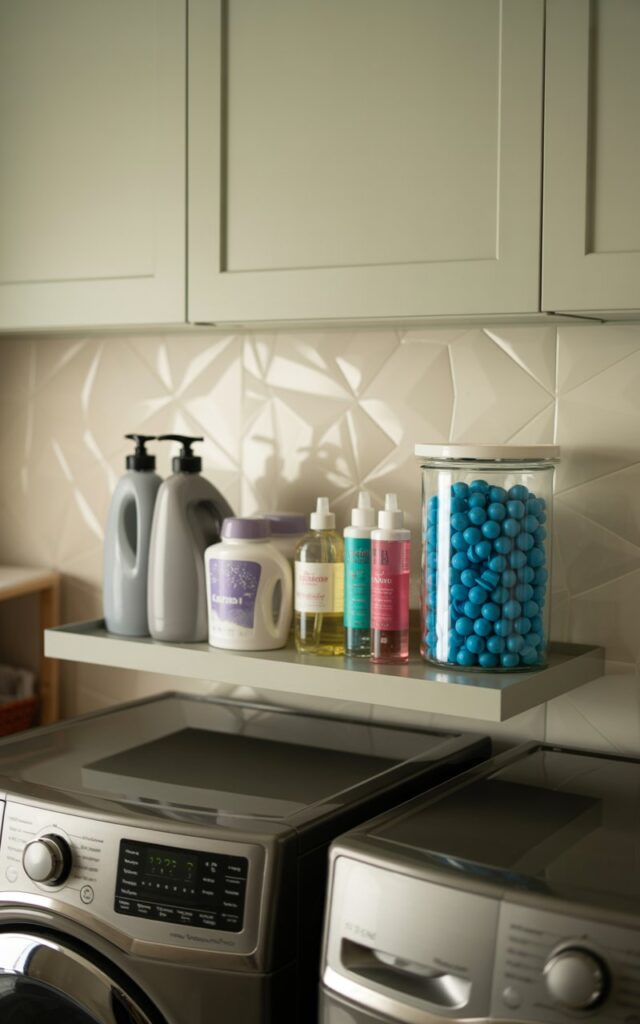 A photograph of a meticulously organized laundry room showcasing a small, white floating shelf above a modern washing machine. The shelf holds a curated collection of laundry essentials, including sleek grey detergent bottles, a clear container of lavender-scented fabric softener, and colorful stain-removal sprays, alongside a cylindrical glass jar filled with vibrant blue laundry pods. Soft, warm light filters through a nearby window, gently illuminating the pale gray cabinetry and a subtle, geometric patterned backsplash behind the washer and dryer. The scene exudes a sense of calm functionality and understated elegance.