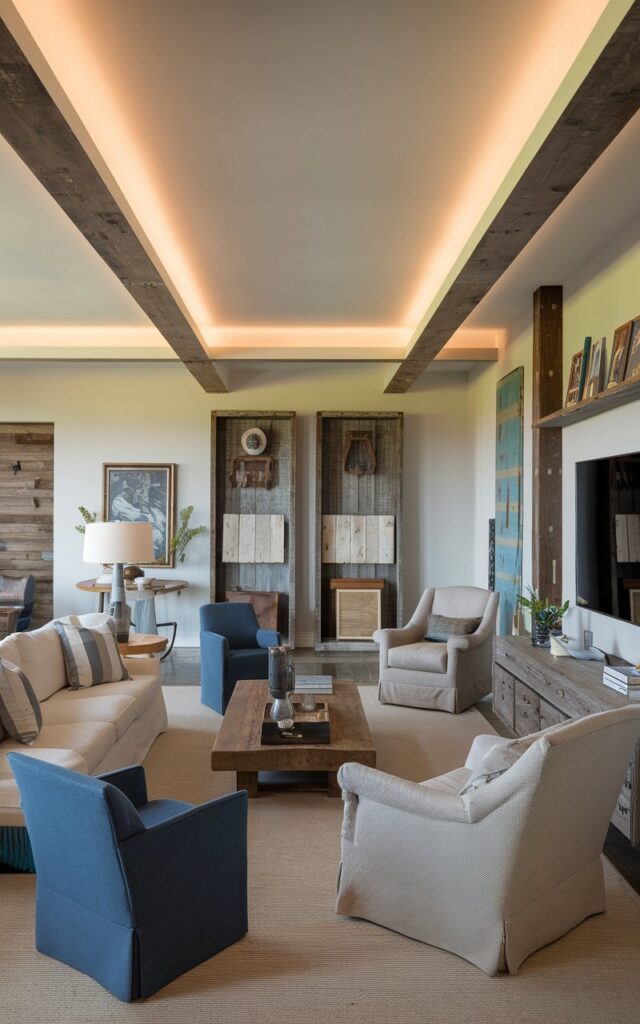 A photo of a modern Americana-style living room with an asymmetrical furniture layout. There is a comfortable sofa, mismatched accent chairs, a wooden coffee table, and entertainment elements like a TV and console. The space also includes vintage art and rustic wood details. The room has soft, layered lighting, creating a cozy atmosphere. The asymmetrical arrangement brings balance through imperfection, embodying the easygoing charm and modern spirit of Americana design.