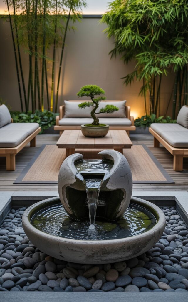 A photograph of a modern Asia-Zen patio centered around a sculptural water feature crafted from dark gray stone. The water feature sits on a bed of smooth river rocks and gently cascades into a lower basin, reflecting the soft light. Surrounding the water feature are low, minimalist seating arrangements with clean-lined gray cushions and a natural wood coffee table holding a single, elegant bonsai tree in a ceramic pot; a neutral-toned rug anchors the space, while bamboo stalks and lush leafy greenery create a calming backdrop. Warm, ambient lighting illuminates the water feature and foliage at dusk, casting subtle shadows and creating a serene, meditative ambiance.