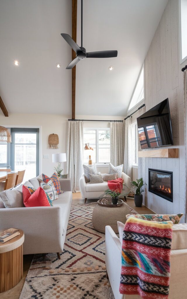 A photo of a modern Boho + Scandi-style living room. There's a neutral sofa with colorful cushions and patterned pillows. The space has a vaulted ceiling with a ceiling fan and a fireplace beneath a mounted TV. There's a patterned rug on the floor and natural light enters through curtained windows. The room features light wood tones, cozy throws, and woven accents. The vibrant pillows add personality and warmth to the space.