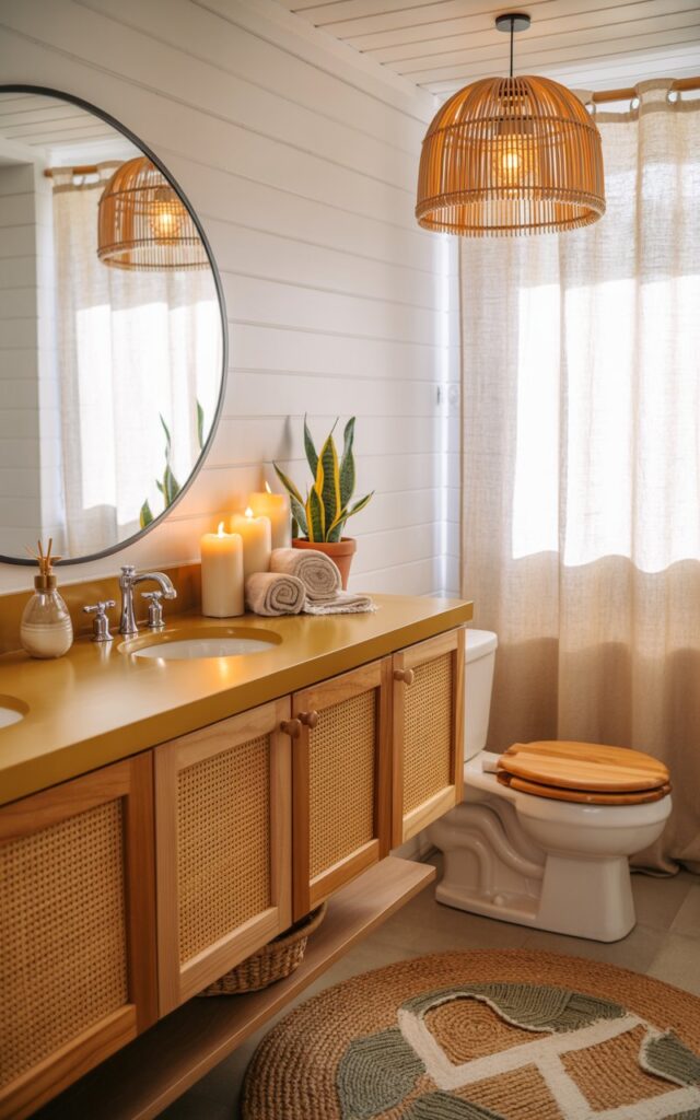 A photograph of a modern Boho-farmhouse style bathroom featuring a floating wooden vanity with natural cane webbing cabinet doors and a warm honey-toned countertop. The vanity is thoughtfully styled with a cream ceramic soap dispenser, rolled linen hand towels, flickering pillar candles, and a small snake plant in a terracotta pot, all arranged beneath a large round mirror with a thin black frame. Soft daylight filters through a white linen curtain, illuminating the space and casting gentle shadows on the woven jute floor rug with geometric patterns in cream and sage green. A rattan pendant light with natural rope detailing hangs gracefully from the white shiplap ceiling, complementing the toilet with wooden seat and the overall palette of warm whites, earthy beiges, and muted sage accents.