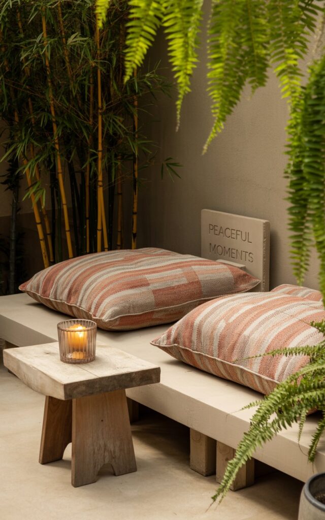 A photograph of a serene outdoor patio designed with a modern Boho–Asia Zen aesthetic. The main focus is a low, natural wood lounge platform, adorned with two oversized floor cushions in muted terracotta and cream tones displaying a subtle geometric pattern. A small, weathered wooden table sits beside the platform, holding a single, flickering candle inside a clear glass holder, while potted bamboo and delicate ferns frame the edges, with "Peaceful Moments" etched into a stone plaque. Soft, warm light filters through the surrounding foliage, casting dappled shadows and creating an inviting atmosphere ideal for meditation or quiet reflection.
