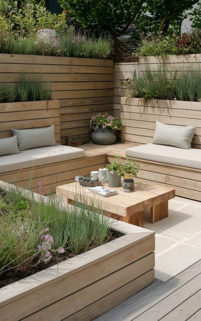 A photo of a modern English countryside backyard patio with two terraced seating areas. Each seating area has two to three integrated planter boxes filled with greenery. The seating terraces are made of natural wood. Cushioned benches, a low coffee table with essentials, and potted plants complement the integrated planters, blending functionality with rustic charm. Soft natural light highlights textures and materials, emphasizing the clean yet cozy modern farmhouse aesthetic.