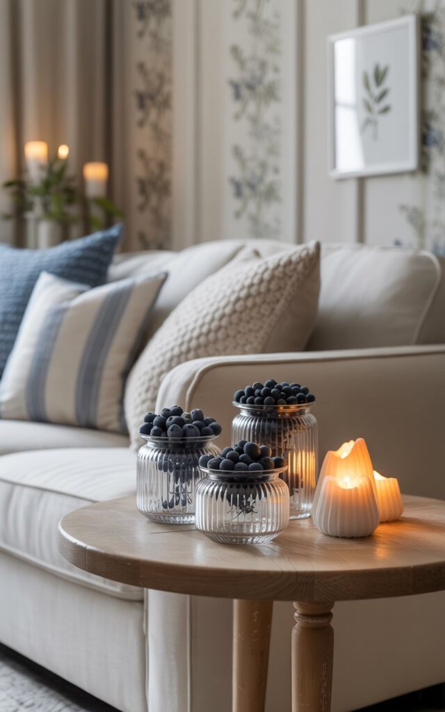 A modern French country-style living room with an elegantly styled wooden side table positioned next to a plush cream-colored sofa. On the table, three stylish ribbed glass jars are filled with vibrant blueberries, their deep indigo color contrasting beautifully with the clear textured glass, while small white sculptural candles flicker nearby, casting a gentle warm amber glow across the scene. The sofa is adorned with soft blue and white striped throw pillows and a cozy knitted throw blanket, while the wall behind features delicate floral wallpaper and a small framed botanical print in a white matted frame. Soft natural light filters through the room, creating a serene and inviting atmosphere with gentle shadows and highlighting the elegant textures of the French country furnishings.