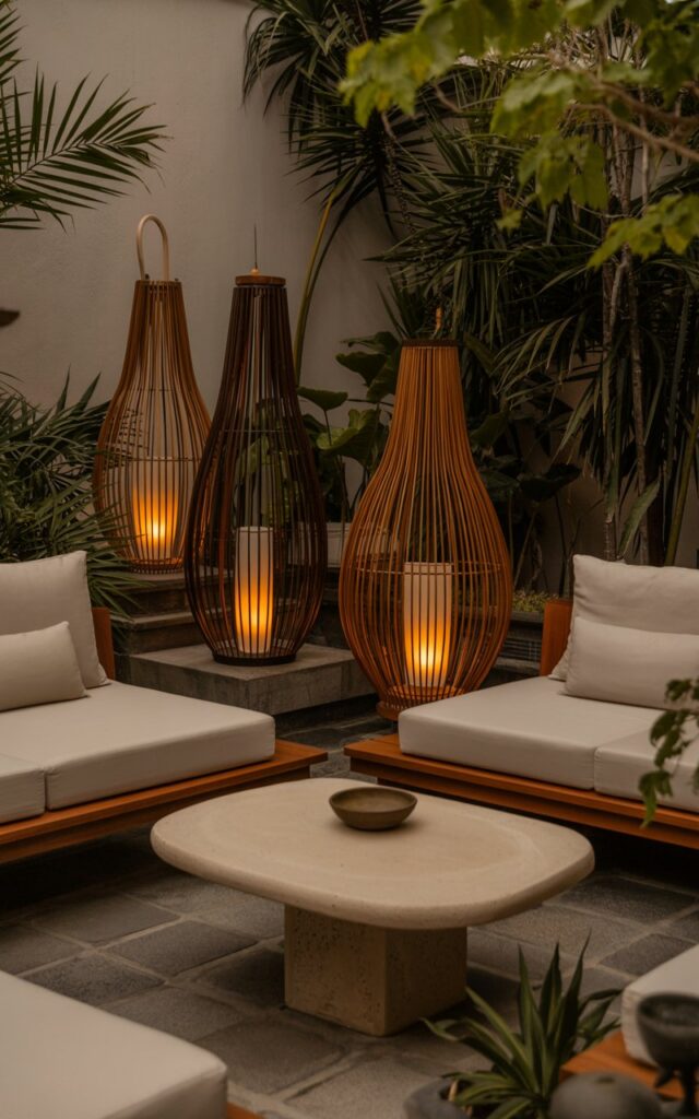 A photograph of a Japandi-Balinese patio bathed in the warm glow of evening. Three sculptural lanterns of varying heights, crafted from woven bamboo and dark wood, stand near a minimalist seating lounge, each containing a softly flickering candle. The lounge features low wooden furniture adorned with cream-colored cushions, a smooth stone coffee table holding a single ceramic bowl, and a scattering of lush tropical plants like palms and ferns framing the scene. Gentle, ambient lighting emanates from the lanterns, creating a serene and intimate atmosphere, perfect for "quiet contemplation" and relaxed gatherings.
