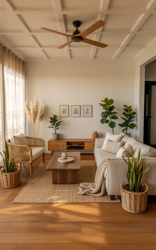 A serene Japandi-cottagecore living room featuring a neutral linen sofa adorned with soft throw pillows and a chunky knit blanket, positioned around a sleek walnut coffee table. Natural rattan accent chairs complement jute woven baskets filled with dried pampas grass, while potted fiddle leaf figs and snake plants bring life to the corners. The space showcases a minimalist wooden TV console beneath small botanical prints in simple frames, all under a coffered ceiling with a natural wood ceiling fan. Warm honey-toned hardwood floors anchor the room, while sheer linen curtains filter golden afternoon light, creating gentle shadows that highlight the room's peaceful blend of Japanese minimalism and cottage comfort.