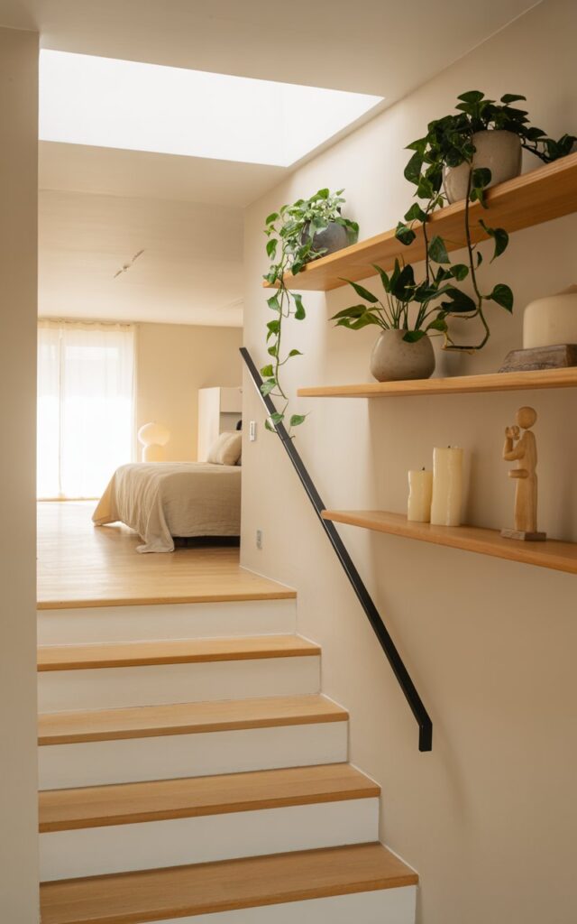 A photograph of a modern Japandi-style staircase with light oak wooden treads and crisp white risers, leading upward toward a bedroom with clean architectural lines. Along the staircase wall, three floating wooden shelves display trailing pothos and ivy plants in matte ceramic planters, alongside simple white ceramic candles and a small wooden sculpture. The minimalist black metal railing runs parallel to the stairs, while natural light streams down from a rectangular skylight above, casting soft shadows across the warm beige and cream color palette. The scene perfectly balances Scandinavian simplicity with Japanese-inspired natural textures and serene functionality.
