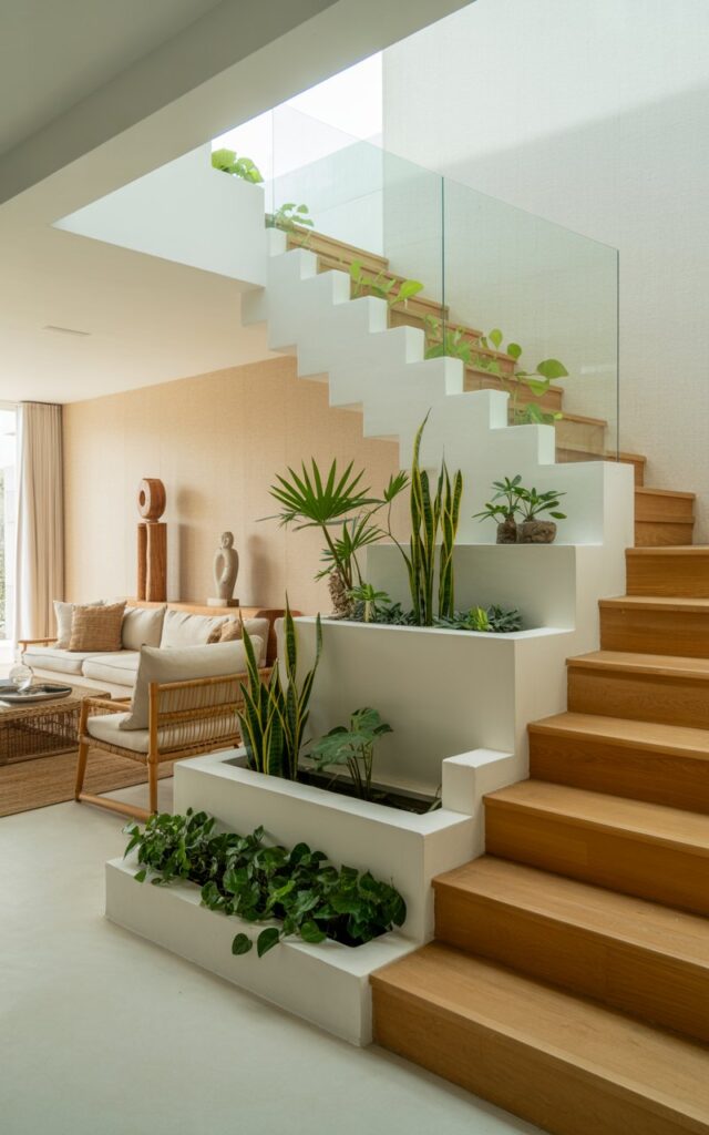 A modern interior photograph showcasing a living room that blends Scandinavian minimalism with Balinese warmth, featuring a striking staircase as the focal point. The staircase displays light oak treads and crisp white risers, complemented by a sleek glass railing and small rectangular planters built into each landing that house lush pothos vines, compact palm plants, and tall snake plants. The space is bathed in natural light from a large skylight above, illuminating the neutral color palette of cream walls, natural linen textures, and woven rattan accents. The living area combines clean geometric lines with organic elements like bamboo furniture, tropical wood sculptures, and jute rugs, creating a serene and harmonious atmosphere.