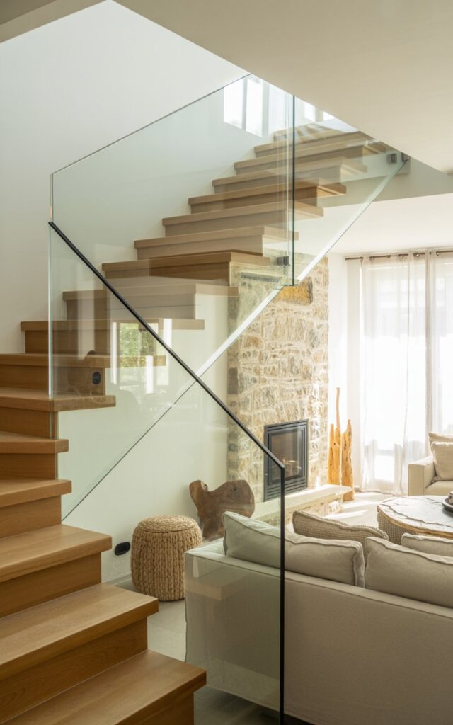A photograph of a modern living room showcasing an elegant staircase with sleek glass panel railings and light oak treads supported by minimalist black metal framing. The transparent glass panels create an open, floating effect that allows natural light to flow freely throughout the space. The living room perfectly blends alpine chic and coastal style with plush neutral linen sofas, woven jute textures, weathered driftwood accents, and a striking natural stone fireplace as the focal point. Abundant sunlight streams through sheer white curtains, casting gentle reflections off the glass railings and illuminating the crisp white walls, creating a bright, airy atmosphere that feels both sophisticated and effortlessly relaxed.