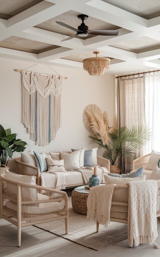 A photo of a modern boho-chic living room with layered textures, neutral tones, and warm, inviting decor. A white macramé wall hanging with subtle blue accents is displayed as the focal point above a cozy sofa. The room features natural wood furniture, rattan and woven details, potted plants, and textured throw blankets. There is a coffered ceiling with a chandelier integrated with a fan. Soft, diffused daylight fills the space, highlighting the earthy materials and blue accents. The overall vibe is relaxed, stylish, and effortlessly curated.