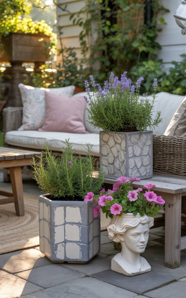 A photograph of a charming cottagecore backyard patio bathed in warm sunlight. Two hexagonal planters and two female bust-shaped planters overflow with vibrant lavender, rosemary, and bright pink petunias, artfully arranged near a plush linen sofa. Woven rugs in muted tones and weathered wooden benches complete the scene, softened by plush cushions and trailing ivy.  Gentle dappled light filters through the surrounding mature trees, highlighting the textured planters and creating a tranquil, inviting atmosphere.