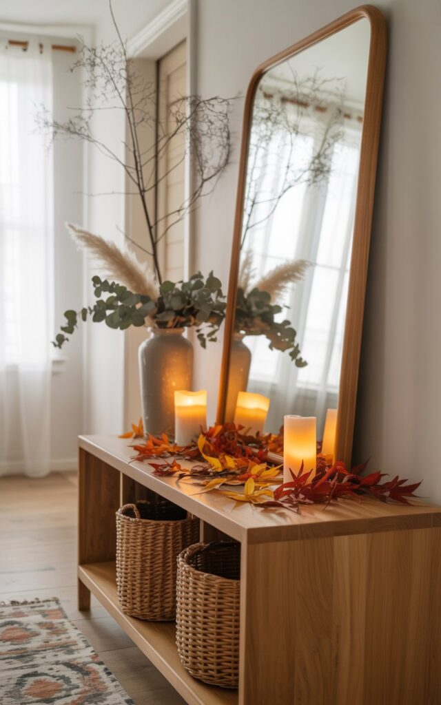 A photograph of a modern cottagecore-style hallway filled with soft, diffused natural light streaming through unseen windows. The light oak wood entryway console is artfully arranged with scattered amber and crimson autumn leaves, their organic placement creating a casual, lived-in charm alongside glowing pillar candles in clear glass holders and a large wooden-framed mirror that captures and reflects the warm daylight. A tall ceramic vase holds graceful bare branches interwoven with dried eucalyptus and pampas grass, adding vertical interest and natural texture to the scene. Woven seagrass baskets nestle beneath the console while a geometric patterned runner in muted earth tones grounds the space, creating an airy sanctuary that perfectly balances rustic charm with clean, modern simplicity.