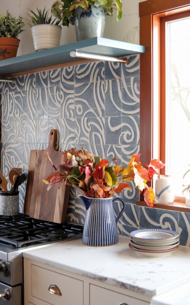 A photo of a modern cottagecore-style kitchen with a unique, eye-catching backsplash. The backsplash features a pattern of blue and white tiles in a swirling design. Above the stove, there's a shelf with a few potted plants. The kitchen counter contains a blue ceramic ribbed pitcher filled with fall foliage, a wooden cutting board, a jar of utensils, and stacked plates. The room has a cozy, lived-in charm and is bathed in warm natural light from a nearby window.