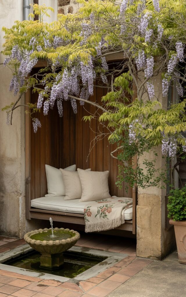 A photograph of a cozy nook nestled within a rustic patio, showcasing a built-in wooden bench as its central focus. The bench is draped with plush cream-colored cushions and a hand-stitched floral throw, facing a small stone fountain gently trickling water into a moss-covered basin. Wisteria vines laden with lavender blossoms cascade gracefully over the nook's wooden frame, partially obscuring a weathered stone wall and a glimpse of a terracotta-tiled patio floor. Soft, diffused sunlight filters through the foliage, creating a tranquil atmosphere and highlighting the textures of the wood, stone, and fabric—inviting one to relax and enjoy "a quiet moment".