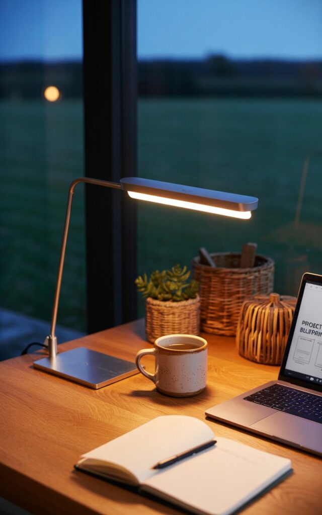 A photograph of a modern countryside rustic home office illuminated by the soft glow of night. A sleek, minimalist clip-on reading lamp, brushed silver in color, is attached to the corner of a warm oak desk, its adjustable arm angled to cast light on a laptop displaying "PROJECT BLUEPRINT" and a stack of open notebooks. Beside the laptop sits a ceramic mug filled with steaming tea, surrounded by woven baskets and a small potted succulent adding natural texture. The background features a blurred view of a moonlit field through a large window, creating a sense of tranquility and focus.