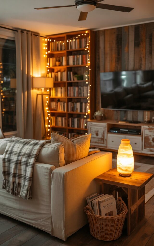 A cozy modern farmhouse living room photographed at night, featuring a plush linen sofa in cream tones adorned with plaid and chunky knit throw blankets. A warm floor lamp casts a golden glow beside the sofa, while a rustic wooden side table holds a glowing table lamp and a woven basket filled with magazines. Across the room, a reclaimed wood bookshelf displays a curated collection of books illuminated by delicate warm white string lights, creating intimate pockets of light. The space is anchored by distressed wood furniture, a mounted flat-screen TV, and a vintage-style ceiling fan, all bathed in the soft, inviting amber lighting that emphasizes the room's blend of rustic charm and contemporary comfort.