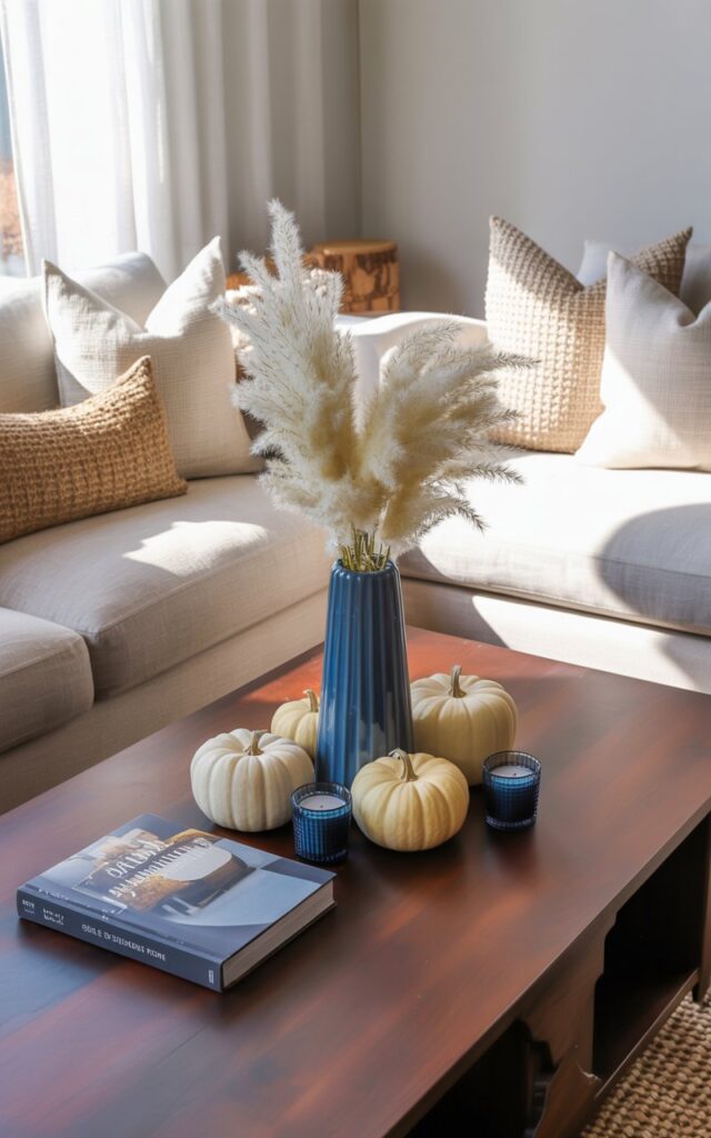 A photograph of a modern farmhouse living room featuring a dark mahogany coffee table as the focal point, styled with an elegant seasonal centerpiece. The sleek wooden surface holds a slim tall cobalt blue ceramic vase filled with feathery pampas grass, artfully arranged alongside 2-3 medium white pumpkins, two small navy blue votive candles, and a pair of books with rich blue covers. The surrounding space showcases light-colored linen sofas adorned with textured cream and beige throw pillows, complemented by woven jute accents and rustic wooden elements. Soft morning sunlight streams through gauzy white curtains, casting gentle shadows that highlight the rich textures and create a fresh, airy atmosphere with warm golden undertones.