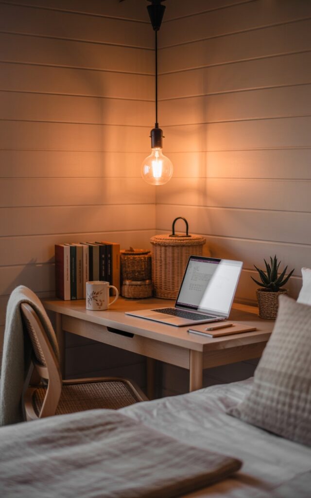 A photograph of a cozy and inviting modern farmhouse-style home office nestled in the corner of a warmly lit bedroom. A simple wooden desk holds a silver laptop, several leather-bound books, and a "Ceramic Coffee Mug" with a delicate floral pattern, while an ergonomic chair with woven detailing sits nearby. A single pendant light with a soft amber Edison bulb hangs above, casting a warm glow on the shiplap walls and creating long shadows across the neutral-toned textiles, with woven baskets and a small potted succulent adding rustic charm. The scene is bathed in the soft, artificial light of the bulb, evoking a sense of quiet productivity and comforting warmth within the intimate bedroom space.