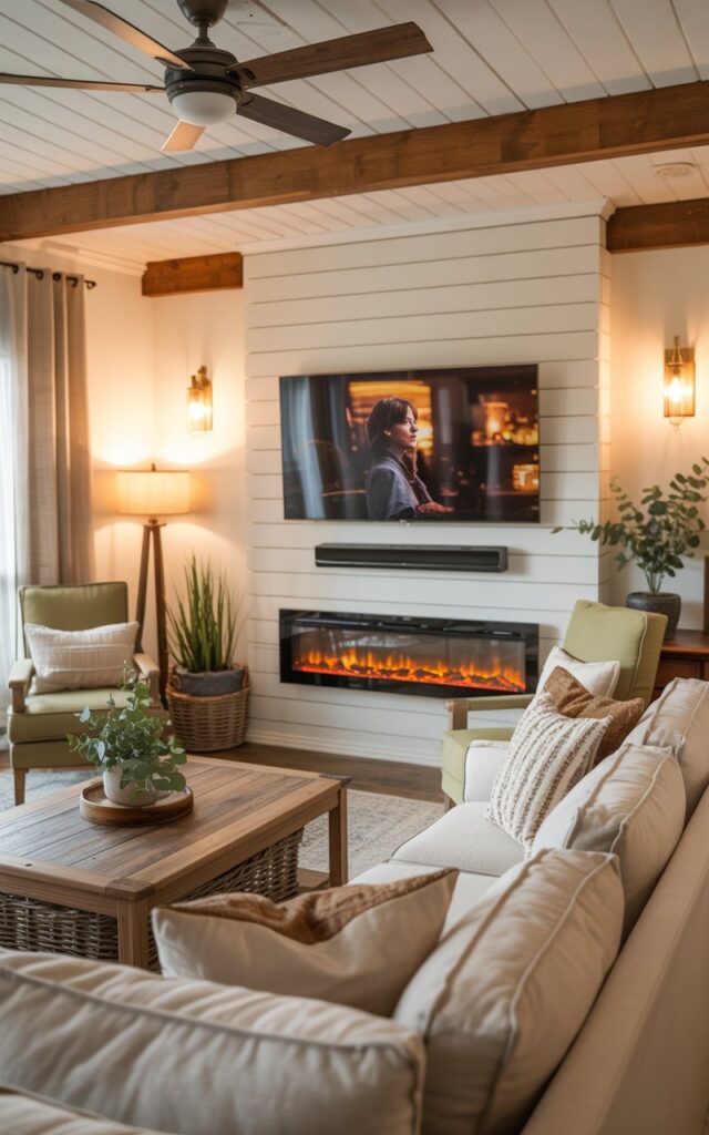 A modern farmhouse living room interior featuring a wall-mounted flat-screen TV above a sleek electric fireplace, with warm flickering flames and a cozy movie scene glowing on the screen. The space showcases a plush cream-colored sectional sofa adorned with textured throw pillows, a reclaimed wood coffee table, and two upholstered accent chairs in soft sage green. Natural wood beam accents span across a painted white shiplap ceiling with a vintage-style ceiling fan, while layered lighting from brass floor lamps and wall sconces creates a warm, inviting glow. Woven rattan baskets, potted eucalyptus plants, and neutral linen curtains complete the organized, clutter-free space with its perfect balance of rustic charm and contemporary comfort.