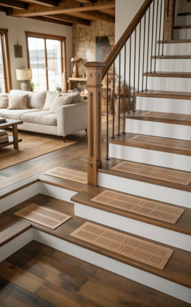 An interior photograph showcasing a modern farmhouse living room that flows seamlessly into a bedroom, with a prominent wooden staircase featuring safety-focused non-slip treads. The staircase displays beautifully textured natural wood treads with subtle grip patterns, rustic oak steps, and crisp white risers, complemented by a simple wooden handrail with sleek black metal balusters. The living space combines cozy farmhouse elements including cream linen sofas, natural woven area rugs, and exposed wooden ceiling beams with rustic stone accent walls and carefully curated vintage décor pieces. Soft natural light streams through large windows, casting warm shadows that highlight the textured safety treads while creating an inviting atmosphere that balances functionality with sophisticated farmhouse style.