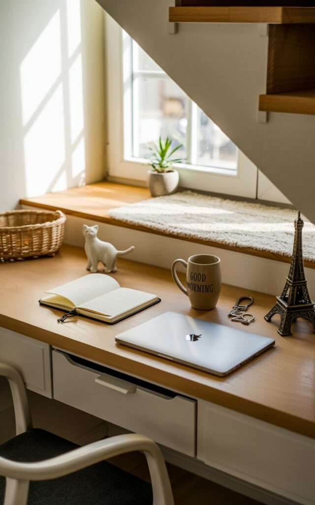 A photograph of a cozy modern farmhouse-style home office nestled under a staircase. A sleek wooden desk sits centered in the frame, holding a silver laptop, open notebook, and a ceramic coffee mug with the words "Good Morning" printed on it; alongside a tiny porcelain cat figurine and an Eiffel Tower keychain. Soft morning sunlight streams through a nearby window, illuminating a textured cream-colored rug, a woven basket, and a small potted succulent, creating a warm and inviting atmosphere within the intimate nook. The overall scene exudes a sense of stylish practicality and quiet charm.