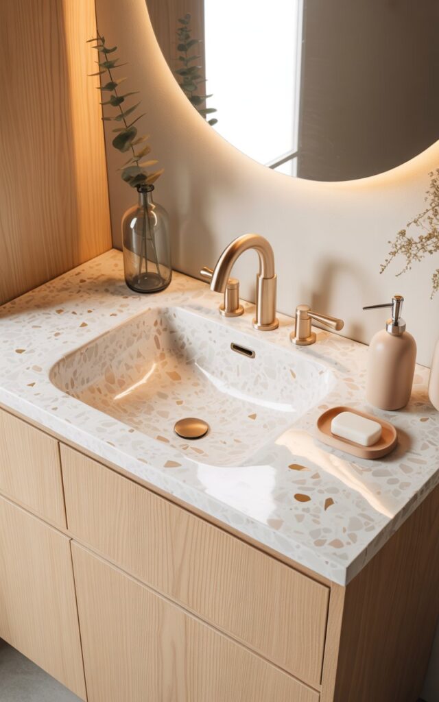 A modern Japandi-style bathroom vanity showcasing a pristine countertop covered in elegant peel-and-stick terrazzo paper with soft neutral tones of beige, white, blush pink, and subtle gold flecks. The minimalist vanity features clean-lined light oak cabinetry with integrated handles, topped by a perfectly round mirror with warm LED backlighting that creates a gentle halo effect. A curated selection of accessories adorns the counter: a smooth ceramic soap dish in warm white, a slender glass vase holding a single eucalyptus stem, and brushed gold faucet fixtures that catch the soft ambient light. The serene space embodies the perfect balance of Japanese minimalism and Scandinavian warmth, with natural textures and luxurious materials creating a sophisticated yet calming atmosphere.