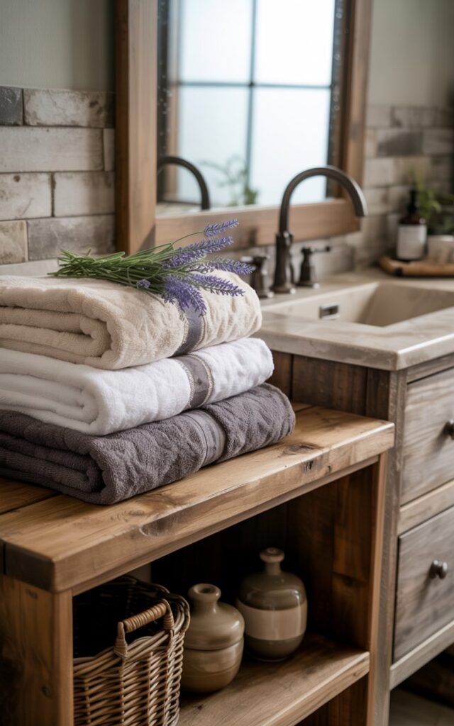 A photograph of a modern rustic bathroom showcasing an open wooden shelf made from reclaimed barn wood, displaying neatly folded cream and charcoal linen towels with delicate sprigs of fresh lavender tucked between the folds. The space features a weathered wood vanity topped with natural stone, textured subway tiles in warm gray, and matte black fixtures including a sleek faucet and towel bars. Woven rattan baskets sit beneath the vanity alongside ceramic apothecary jars in earthy tones, while soft morning light streams through a frosted window, casting gentle shadows that highlight the rich wood grain and linen textures. The purple lavender sprigs provide subtle pops of color against the neutral palette, creating a serene spa-like atmosphere that perfectly balances contemporary functionality with rustic countryside charm.