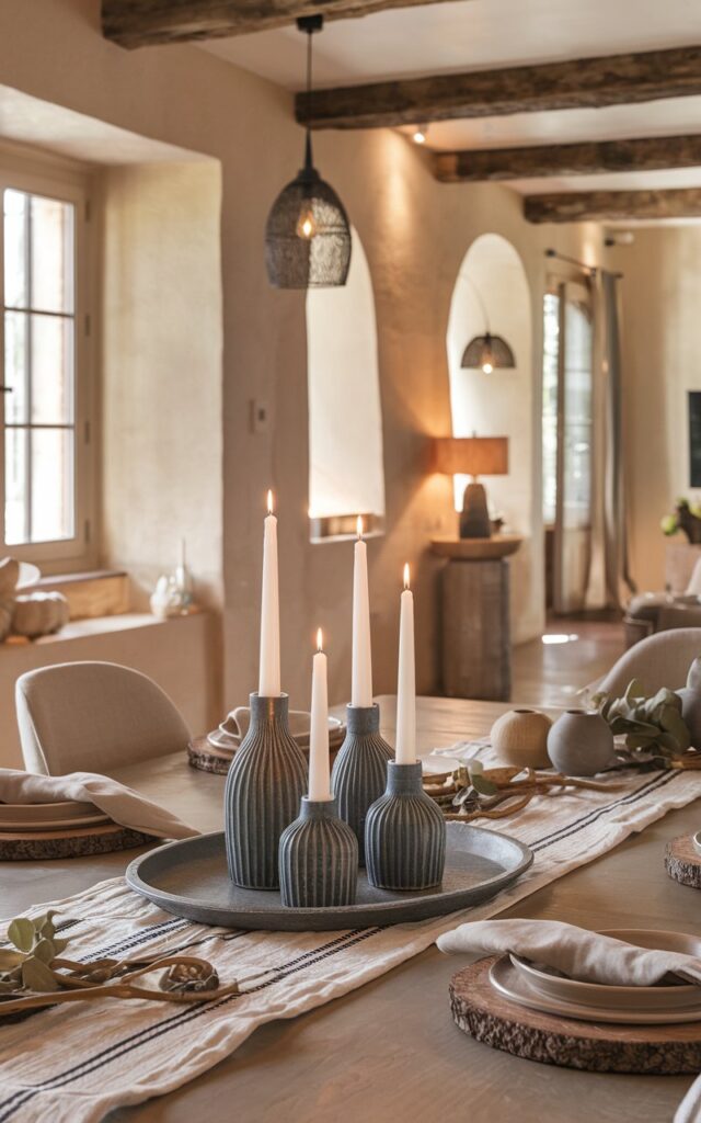 A photo of a modern rustic dining room with warm, natural textures and elegant yet cozy decor. On the dining table, a decorative tray holds 2-3 white candles of varying heights placed in sculptural blue patterned holders, creating a striking centerpiece. The table is styled with a patterned runner, neutral linens, and subtle seasonal decor. Soft, warm lighting enhances the textures of the wood and ceramics. The room features a separate hall/lounge area, windows, rustic beams with pendant light, and modern rustic furnishings, creating a balanced, inviting atmosphere.