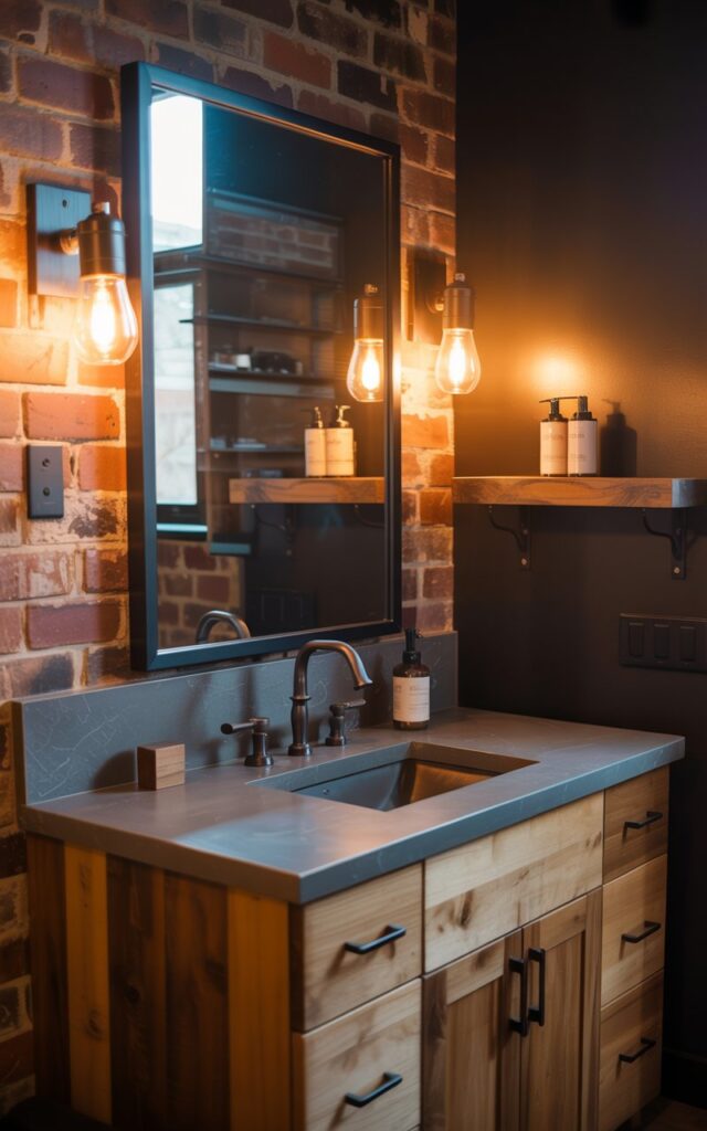 A photograph of a modern rustic-industrial bathroom featuring a fully furnished vanity with natural wood cabinetry and a sleek charcoal stone countertop topped with matte black fixtures. Warm Edison-style wall sconces flank a large rectangular mirror, casting a cozy amber glow that highlights the rich wood grain and smooth stone surface. The surrounding space showcases exposed brick walls in weathered red tones, brushed metal accents, and floating reclaimed wood shelves displaying minimalist toiletries. The atmospheric lighting creates dramatic shadows and warm highlights, perfectly balancing the rustic charm of natural materials with the edgy sophistication of industrial design elements.