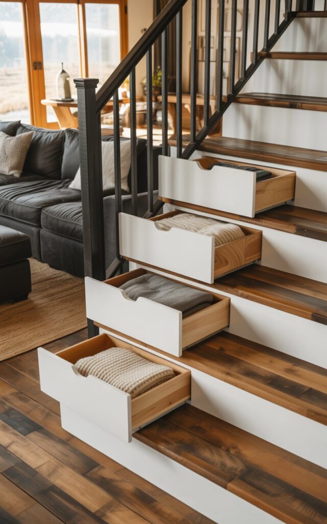 A photograph of a modern rustic living room showcasing an innovative staircase with built-in storage drawers seamlessly integrated under each step. The staircase features rich reclaimed wood treads contrasting beautifully with crisp white-painted risers, while a sleek black metal railing adds contemporary flair. Several drawers are partially open, revealing neatly folded cream and gray wool blankets inside, demonstrating the clever storage functionality. The surrounding living space embraces farmhouse charm with a plush charcoal sectional sofa, a chunky knit throw, and a natural jute area rug, while warm sunlight streams through oversized windows, casting gentle shadows that highlight the staircase's architectural beauty and practical design.