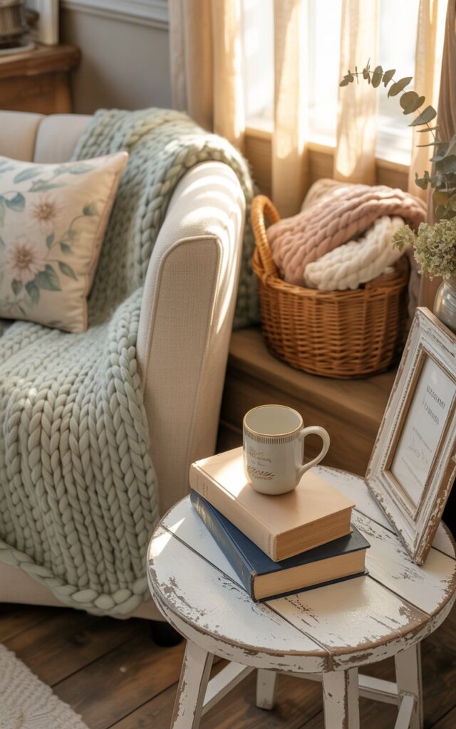 A photograph of a cozy reading nook blending modern rustic and shabby chic aesthetics, featuring a plush cream-colored armchair draped with a chunky knit throw in soft sage green. The chair is adorned with floral linen cushions in muted pastels, positioned beside a distressed white wooden side table holding an elegant ceramic mug with a delicate gold rim and a small stack of well-loved books with weathered linen covers. A woven wicker basket filled with additional cream and blush blankets sits nearby, while soft golden light streams through a nearby window, creating warm shadows across the distressed wood flooring. The scene is completed with vintage touches like a weathered picture frame and dried eucalyptus stems, all bathed in the gentle, ambient glow that transforms this corner into the perfect sanctuary for quiet reading moments.