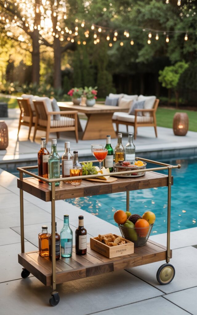 A photograph of a modern transitional-Craftsman patio, centered around a stylish outdoor bar cart brimming with colorful cocktails and gourmet snacks. The bar cart, crafted from reclaimed wood and brushed brass, sits on sleek concrete pavers and showcases an array of glass bottles, vibrant fruit, and artisan cheeses. Beyond the cart, a comfortable wooden dining table is set for two, surrounded by cushioned lounge chairs and illuminated by soft light from decorative lanterns, with a sparkling pool visible in the background. The scene is bathed in the warm glow of late afternoon sunlight, creating a welcoming and effortlessly chic atmosphere.