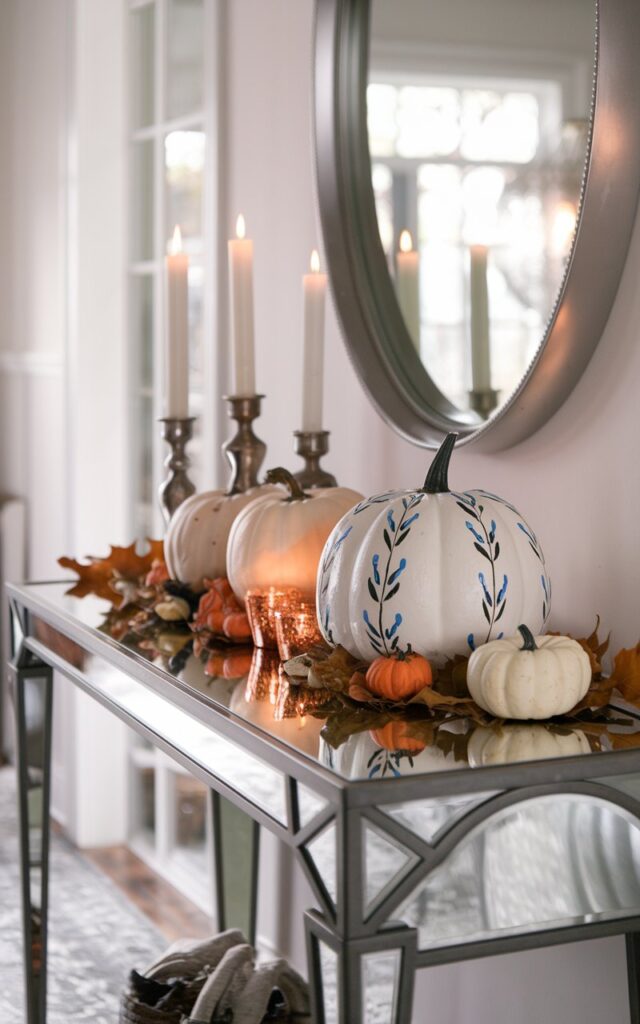 A photo of a fully furnished English countryside-style hallway with a sleek console table and a mirror above it. The table is adorned with a white pumpkin painted with blue color floral patterns, small candles, dried leaves, and mini pumpkins. The items are neatly arranged to create a balanced, curated look. Natural light is soft, filtered from a nearby window highlights the textures and colors, while the close-up view emphasizes the intricate details and seasonal charm of the tabletop display.