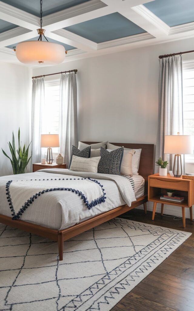 A photo of a mid-century modern style bedroom. The room is fully furnished with a low-profile wooden bedframe, minimalist nightstands with stylish lamps, neutral bedding with contrasting pillows, and a few accent pieces like a patterned rug and a potted plant. A white patterned throw with a navy blue pom pom edge is casually draped over the bed. Coffered Ceiling with blue paint + an elegant pendant light (light on). Natural light is soft, streams through curtained windows.
