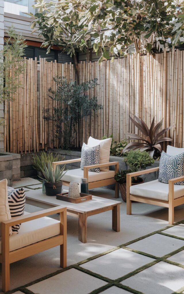 A photo of a modern Scandi + rustic + chic backyard patio. The patio is furnished with wooden lounge chairs, a low coffee table, patterned cushions, and potted plants. The space is surrounded by vertical bamboo fencing, providing privacy and a stylish texture. Pavers lead to the home. Morning sunlight.