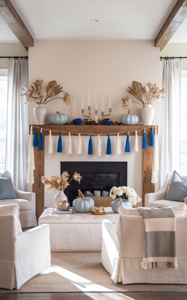 A photo of a posh farmhouse-style living room with a beautifully decorated mantel as the focal point. The mantel is adorned with blue and white tassels, white candles, blue ceramic pumpkins, and small vases with dried florals. The room features elegant farmhouse elements such as neutral-toned furniture, soft textiles, wooden beams, and metallic accents. Natural light filters in through curtained windows, casting a warm glow on the room.