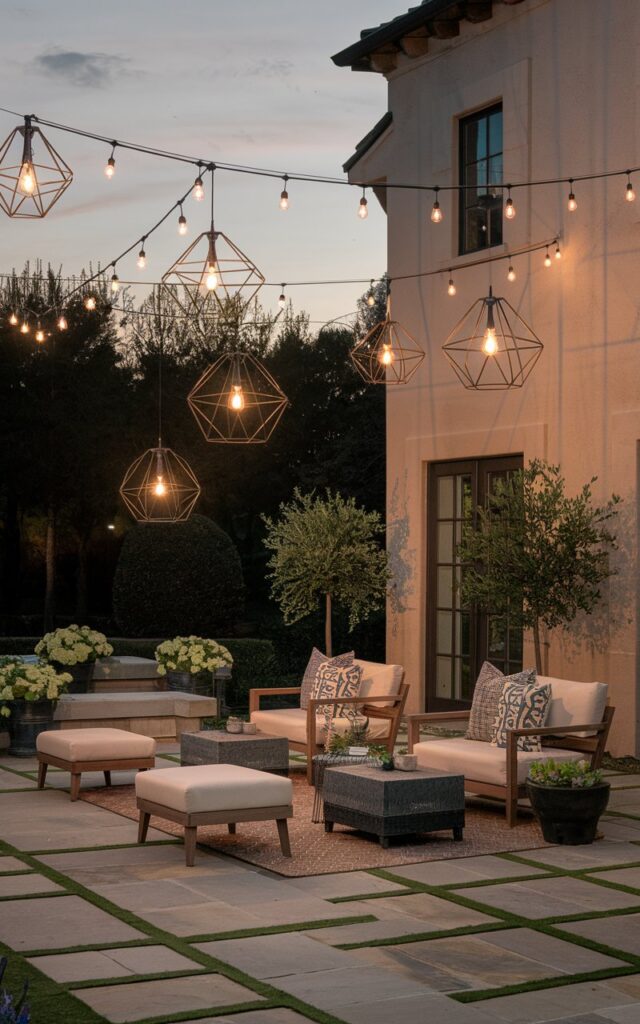 A photo of a rustic-chic backyard patio attached to a home, captured at night time. Three to four geometric-shaped pendant lights (lights inside globe-shaped geometric frames) hang across the patio in different heights, creating a visually striking arrangement. The space is fully furnished with wooden lounge chairs, low tables, patterned cushions, an area rug, and potted greenery, blending rustic charm with chic sophistication. The warm glow from the globe lights casts playful shadows on the stone flooring, creating a cozy, inviting ambiance.