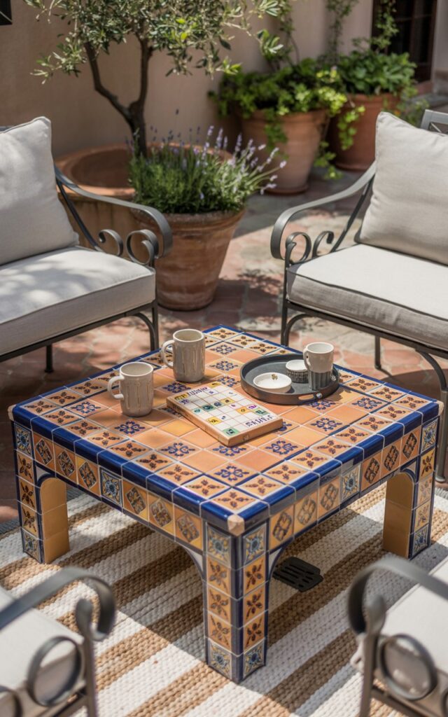 A photograph of a vibrant, tiled coffee table as the central focus of a European-style patio. The table showcases intricate Moroccan blue and Spanish terracotta geometric patterns, resting atop a plush, hand-woven outdoor rug in cream and beige tones. Two elegant wrought-iron chairs with thick cushions of soft grey linen sit facing the table, along with a few ceramic coffee mugs, a vintage board game titled "Dominoes" and a simple serving tray. Soft, dappled sunlight filters through the leaves of a nearby olive tree, casting playful shadows across the scene and illuminating terracotta pots filled with cascading ivy and fragrant lavender.