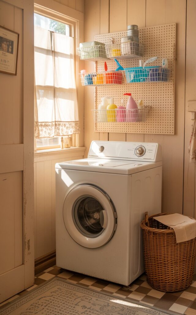 A photograph showcasing a classic, porcelain white washing machine as the central focus within a charming Americana-style laundry room. The machine has subtle signs of age, with a slightly worn finish and visible seams, standing on a checkered tile floor. A meticulously organized pegboard above displays an array of colorful cleaning supplies in wire baskets, while soft sunlight filters through a nearby lace-curtained window, casting a warm glow across the creamy pastel walls accented with rustic wood paneling. A vintage wicker laundry basket and a subtly patterned woven rug complete the cozy, nostalgic scene, adding a layer of textural richness to the composition.