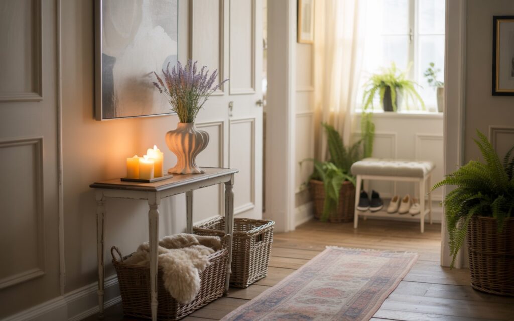 A photograph showcasing a serene hallway gently transitioning into a sun-drenched living room, reflecting a harmonious blend of Gustavian and cottagecore styles. A slender, antique console table, displaying a sculpted ceramic vase with sprigs of pale purple lavender and softly glowing beeswax candles, sits gracefully against a subtly textured paneled wall beneath a minimalist abstract painting. A faded, patterned runner rug stretches across the aged wooden floor, complemented by a collection of woven baskets holding plush, cream-colored blankets and a petite shoe rack with a light grey tufted cushion in the corner. Soft, natural light streams in from a distant window, illuminating the airy, whitewashed walls and the carefully arranged potted ferns, creating a warm and inviting atmosphere.