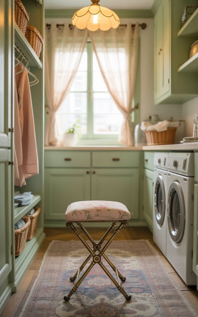 A photograph showcasing a petite, antique foldable stool as the central focus within a charming laundry room. The stool boasts ornate brass legs elegantly supporting a delicately patterned floral cushion in soft blush tones, positioned invitingly near a linen-filled shelf. Pastel green cabinetry and a faded Persian rug anchor the space, illuminated by the warm glow of a vintage-style pendant light casting a gentle halo above. Soft natural light spills through a nearby sheer curtained window, highlighting the subtle textures of the room and creating a serene, inviting ambiance.