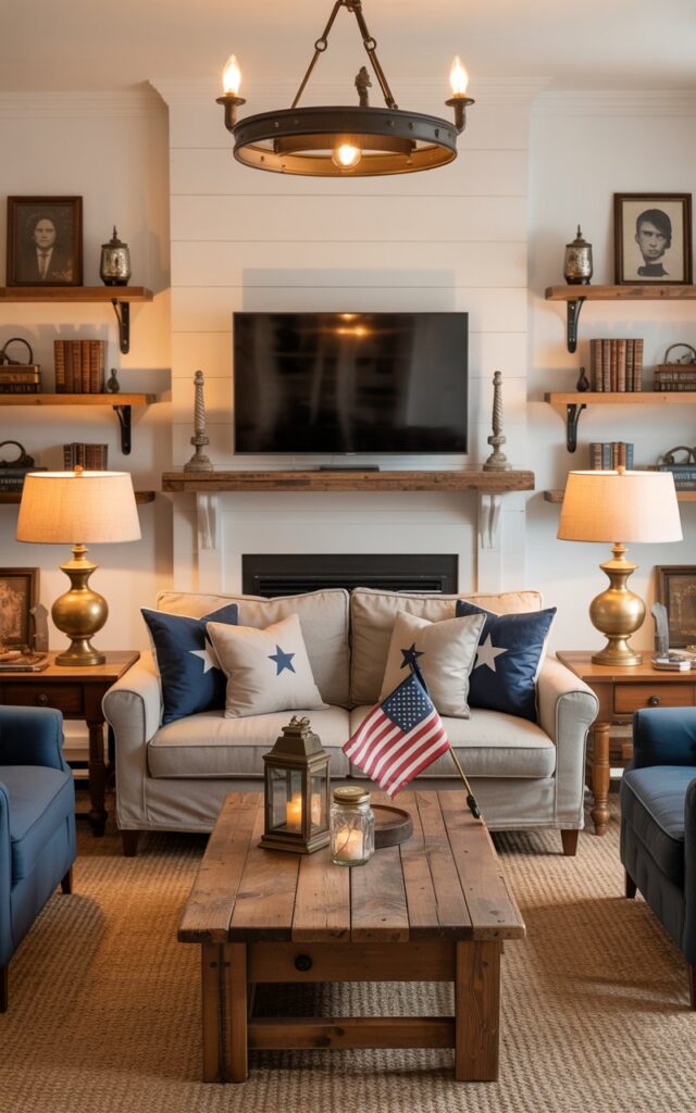 A photograph of a cozy Americana-style living room showcasing perfect symmetry with matching wooden side tables flanking a comfortable beige linen sofa. The sofa is adorned with navy blue throw pillows featuring subtle star patterns, while two identical table lamps with cream fabric shades provide warm ambient lighting from each side table. A rustic reclaimed wood coffee table sits centered on a braided jute rug, topped with vintage brass lanterns and a small American flag in a mason jar. The room features navy blue accent chairs, distressed wooden wall shelves displaying antique books and pewter accessories, and a large flat-screen TV mounted above a white shiplap fireplace mantel, with a wrought iron pendant light casting a gentle golden glow throughout the space.
