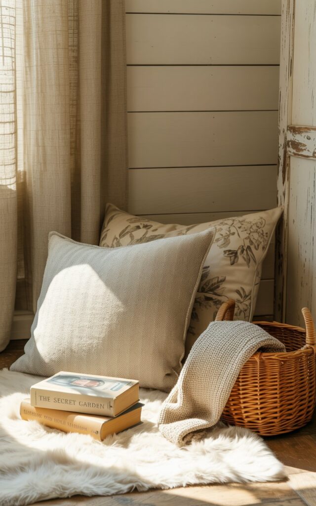 A photograph of a cozy reading nook nestled against a shiplap wall within a softly lit bedroom. The nook features a plush, ivory rug layered with two oversized pillows—one in a subtle gray herringbone pattern and the other in a beige floral print—with a slightly rumpled appearance as if recently used. A small wicker basket sits invitingly at the side, holding a neatly folded knitted blanket in a cream color and a stack of well-worn novels featuring spines with faded gold lettering reading " "The Secret Garden"" while sheer linen curtains gently diffuse the incoming sunlight, highlighting dust motes dancing in the air. Distressed wood accents and a vintage brass reading lamp with a warm-toned linen shade complete the inviting farmhouse aesthetic.