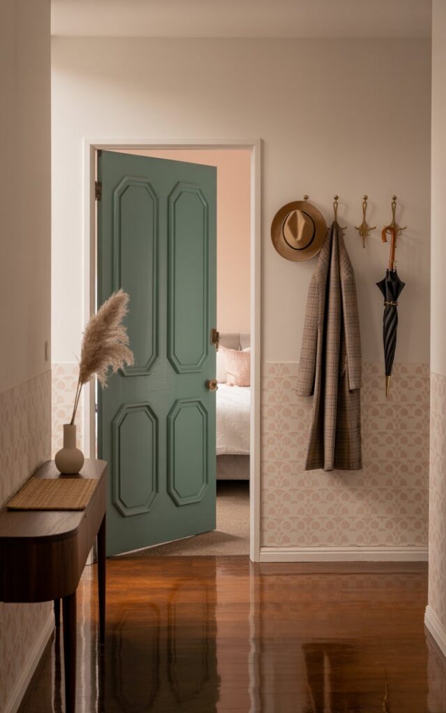 A photograph of a striking teal door slightly ajar, revealing a glimpse of a cozy bedroom beyond. The door's surface has a subtle, matte finish with elegantly rounded edges and is framed by patterned walls of creamy white and soft pastel pink. A slender walnut console table sits flush against the wall to the left of the door, displaying a woven runner and a single ceramic vase holding airy pampas grass. The hallway floor is polished hardwood, reflecting the warm light streaming in from an unseen window and illuminating the brass wall hooks adorned with a stylish coat, umbrella, and hat.