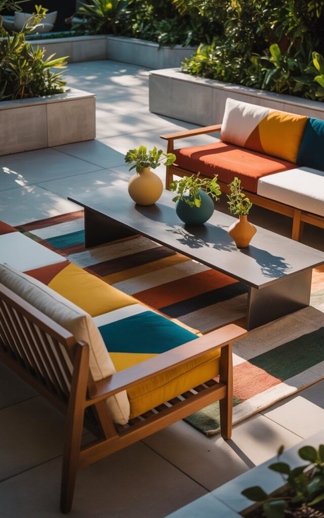 A photograph of a mid-century modern patio showcasing a minimalist coffee table surrounded by sleek wooden lounge chairs and a low-profile sofa. The seating is adorned with bold color-blocked cushions featuring geometric patterns in mustard yellow, teal, burnt orange, and cream, while a geometric rug anchors the space. Sculptural vases filled with vibrant green plants sit on the coffee table, and the patio is framed by clean, modern planters brimming with surrounding greenery bathed in the soft glow of a late afternoon sun. The scene evokes a sense of mid-century tranquility, with subtle shadows accentuating the clean lines and modern aesthetic.