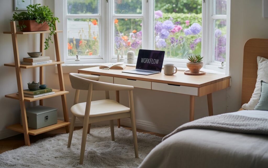 A photograph of a modern Scandinavian home office seamlessly integrated within a tranquil bedroom. A light wood desk, positioned directly in front of a large bay window, displays an open laptop with the words "WORKFLOW" visible on the screen, alongside a steaming ceramic mug and a small succulent thriving in a terracotta pot. The desk is complemented by a comfortable, cream-colored chair and a sleek ladder shelf brimming with lush greenery and stacked books, all bathed in the soft, diffused light filtering through the window and highlighting the texture of a plush gray rug. Outside the window, a vibrant garden bursts with colorful flowers, creating a peaceful and productive atmosphere.