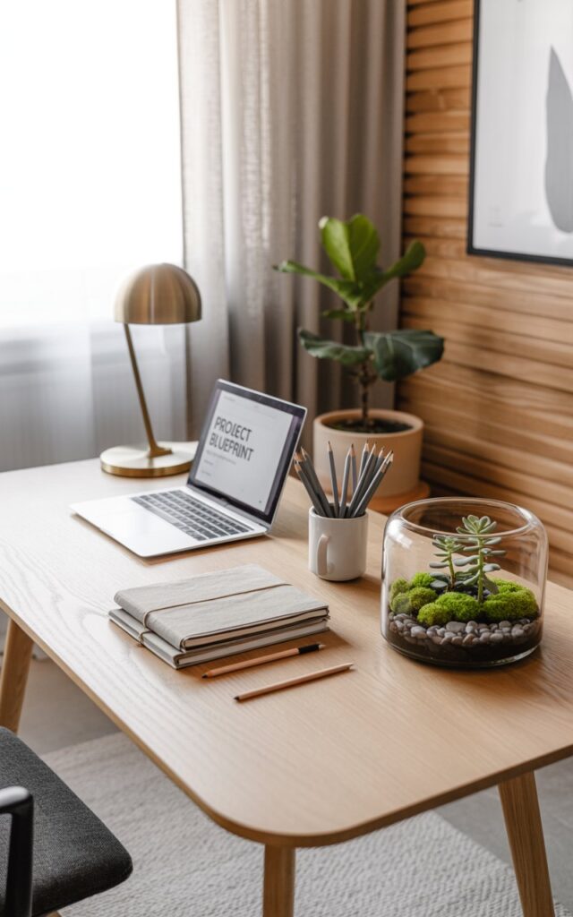 A photograph of a minimalist Scandinavian home office centered around a light ash wood desk. The desk holds a silver laptop displaying "PROJECT BLUEPRINT", a neatly stacked pile of linen-covered notebooks, a white ceramic mug filled with graphite pencils, and a sleek brass desk lamp casting a warm glow. A tiny glass terrarium sits in the corner, showcasing vibrant green moss, smooth grey pebbles, and miniature succulents against a backdrop of wood slat walls and a light grey textured rug, illuminated by soft, diffused natural light filtering through a sheer linen curtain. A single fiddle-leaf fig plant in a terracotta pot adds a touch of life to the scene, completing the calm and productive atmosphere.