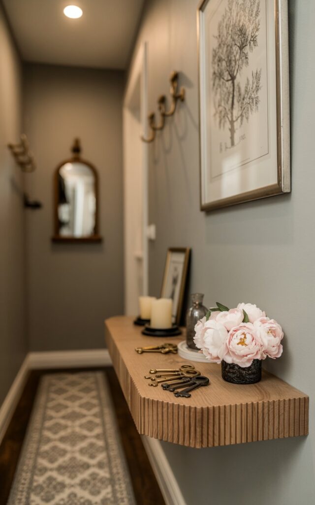 A photograph focusing on a meticulously styled ribbed floating console shelf mounted on soft grey walls within a narrow hallway. The shelf, crafted from aged oak wood, displays a curated collection including antique brass keys artfully arranged alongside ivory candles and a small vase brimming with blush pink peonies. A patterned runner with a subtle damask design leads the eye towards a vintage-style mirror and a framed black and white botanical print on the opposite wall, while discreet brass hooks add a touch of understated elegance. Warm, diffused recessed lighting highlights the textures of the wood and fabric, creating a chic and inviting ambiance.
